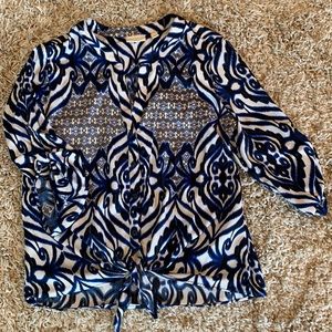 Eva Mendes Blue White Long Sleeve Print Blouse
